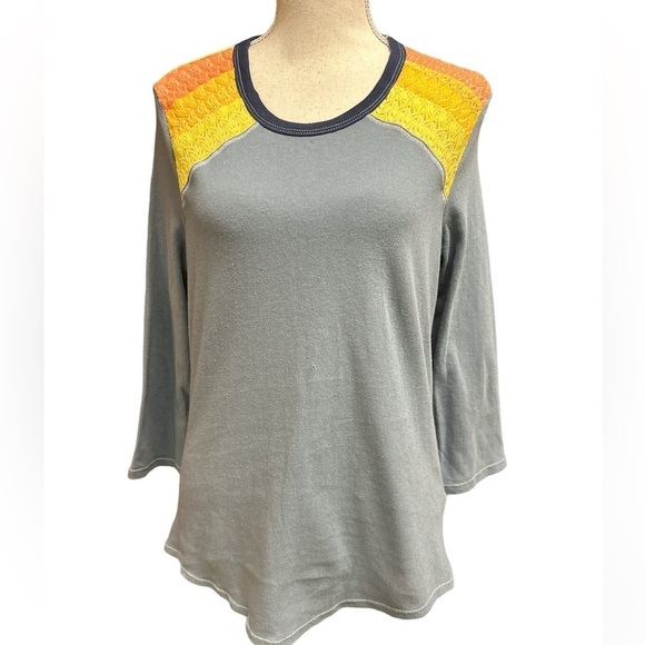 Free People Washed Blue Yellow Combo  Knit Detail Top We The Free Size L - Picture 3 of 8